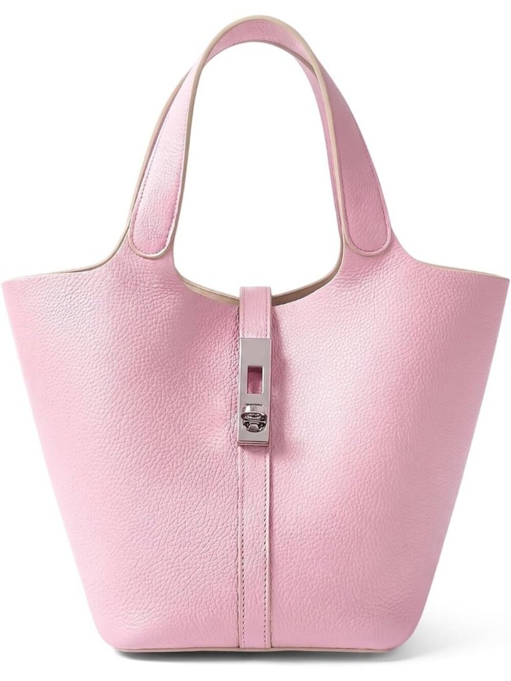 Women's Pink Vegan Leather Satchel Tote Handle Lock Design Bucket Purse